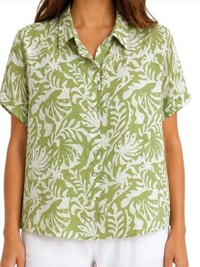 Rachel Zoe Green Tropical Print 100% Linen Shirt Coastal Euro Summer Luxury 
 S